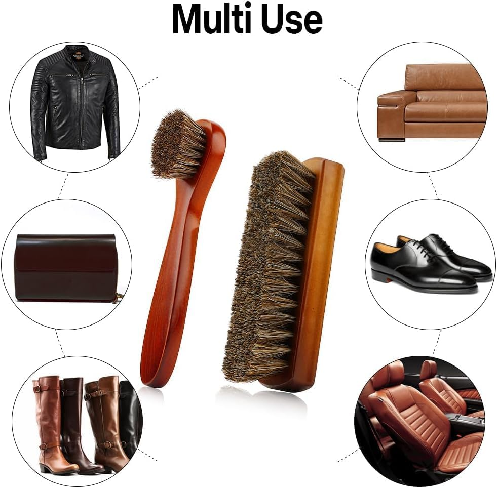 AHGXG Horse Hair Brush Set, 2 Pieces, Soft Bristles, Long Handle, Brown, Leather Cleaning Tool with Anti-Static and Strong Water Absorption