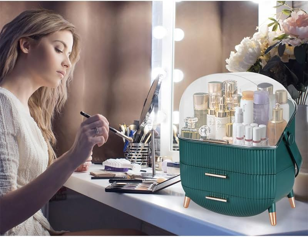 Leona Co Makeup Storage Organizer, Cosmetics Display Case Holder with 2-Layer Storage Drawer Box and Transparent Lid for Bedroom Vanity Desk, Countertop, Dresser (Green) image number 4
