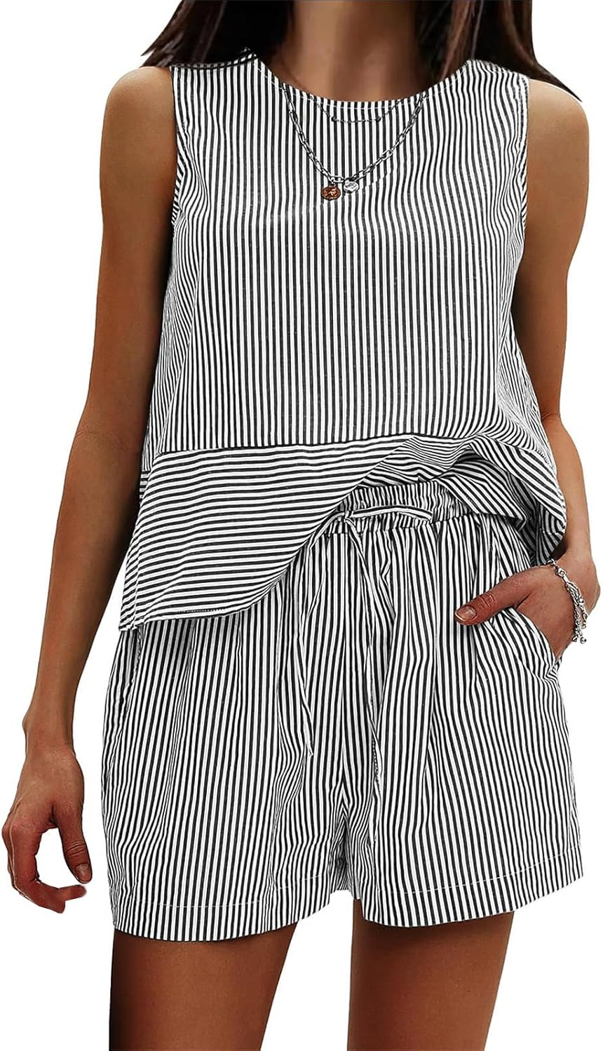 Womens Striped Sleeveless Sets - Summer 2 Piece Crewneck Tank Top Drawstring Waist Shorts Matching Sets, Casual Lounge Outfit for Beach Vacation Travel Daily Wear