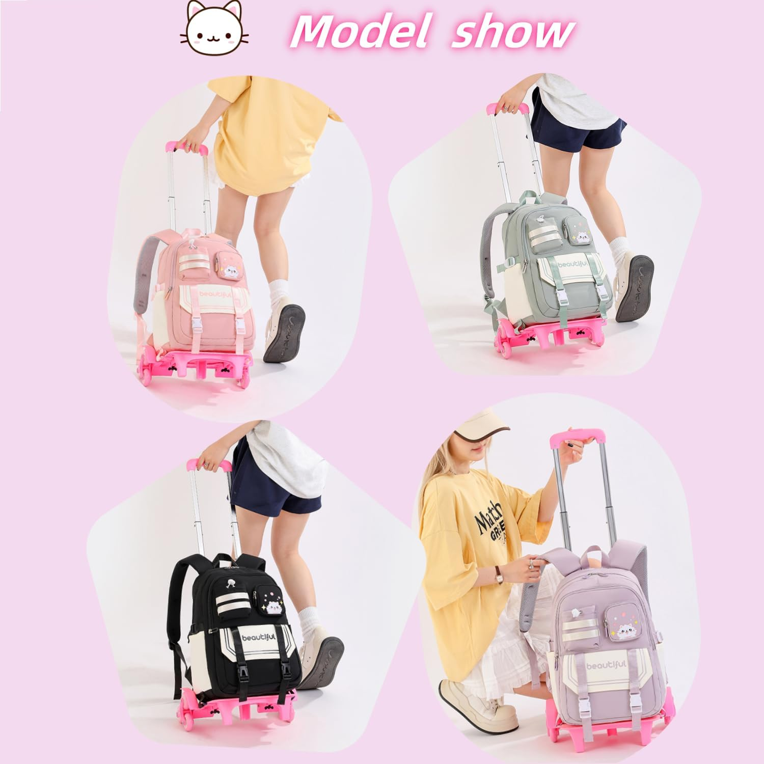 ETAISHOW Cat Print Rolling Backpack for Girls Kids Backpack with Wheels Roller Bookbag Trolley School Bag Wheeled Bag image number 4