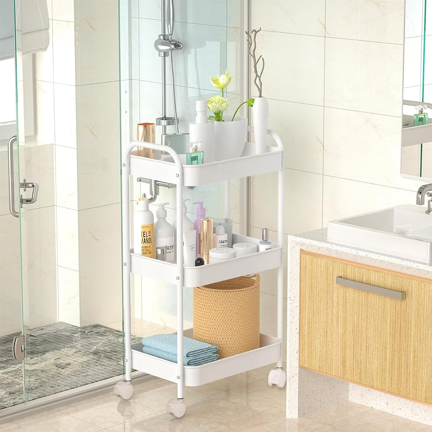 3 Tier Metal Rolling Storage Cart with Lockable Wheels Bathroom Cart Organizer Laundry Room Organizer Utility Cart Mobile Shelving Unit Multi-Functional Shelves for Office, Kitchen, Bathroom, White image number 1