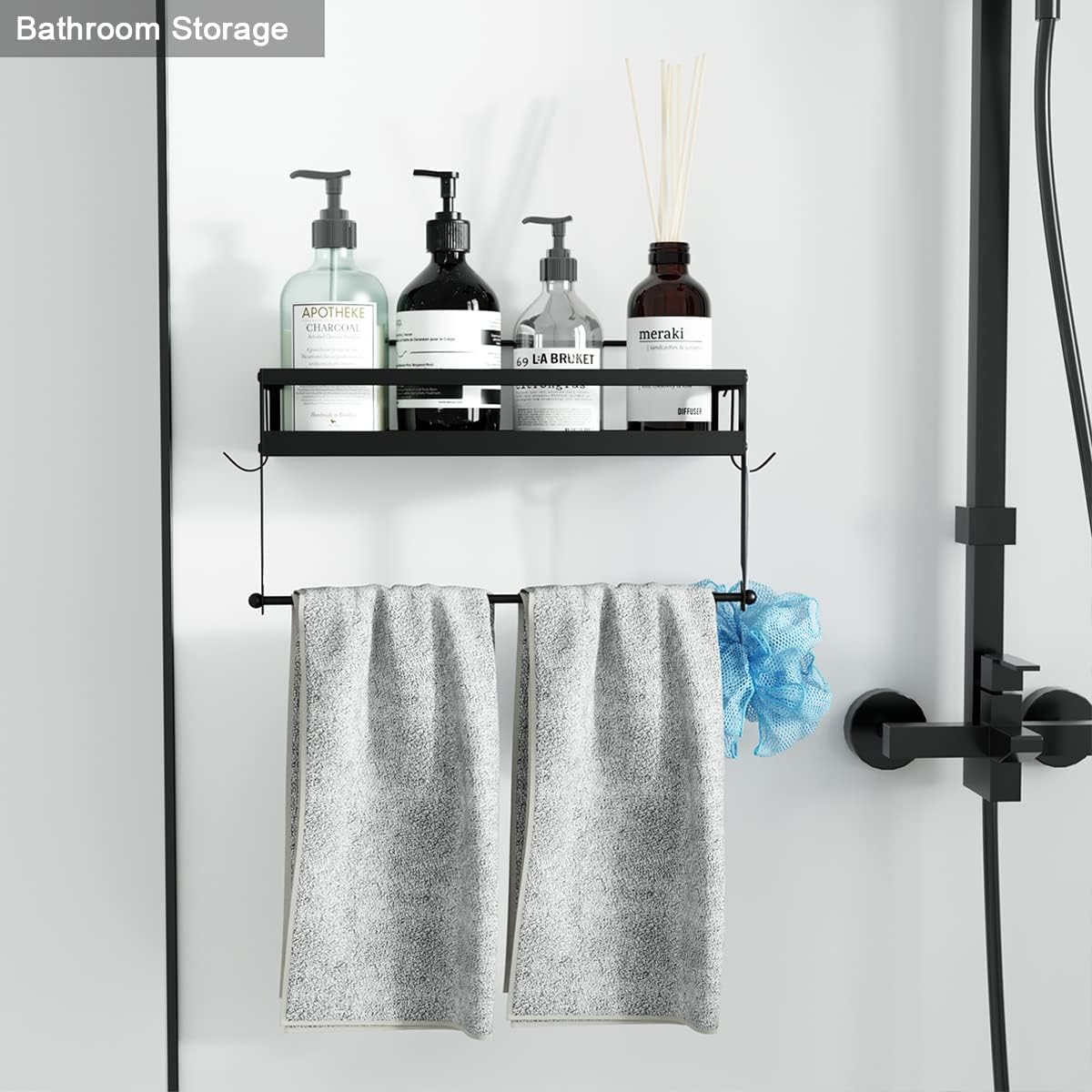 ESOW Paper Towel Holder with Shelf Storage, 2-In-1 Wall Mounted Paper Towel Roll Rack Basket for Kitchen, Balcony & Bathroom, Self-Adhesive or Drilling Installation, SUS304 Matte Black Finish image number 4