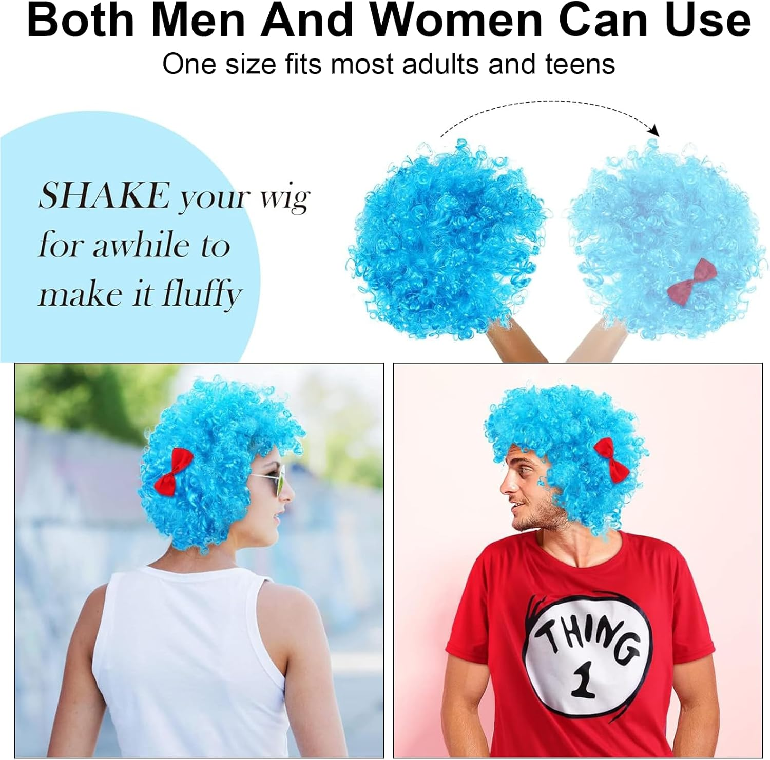 2 Pcs Blue Afro Wigs for Thing 1 & Thing 2 Cosplay &ndash; Curly Funky Costume Wig Set for Reading Week, Halloween, School Book Character Parade, Crazy Hair Day & Party Accessories image number 4