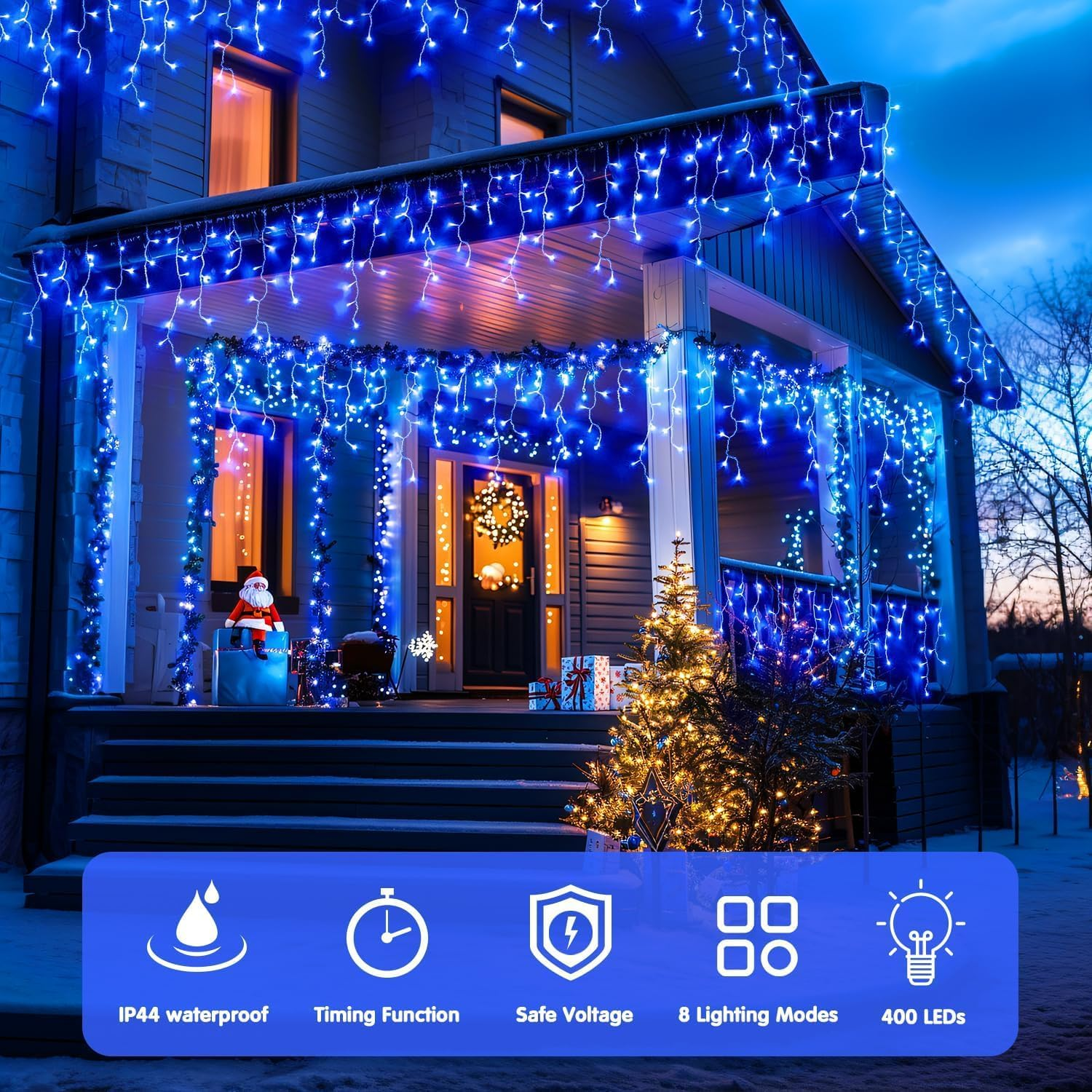 Icicle Christmas Lights Outdoor,400Led Icicle Light outside 10M Christmas String Lights Plug in LED Christmas Lights Waterproof Twinkle Lights Indoor Fairy Light Blue House Decor Christmas Decorations image number 5
