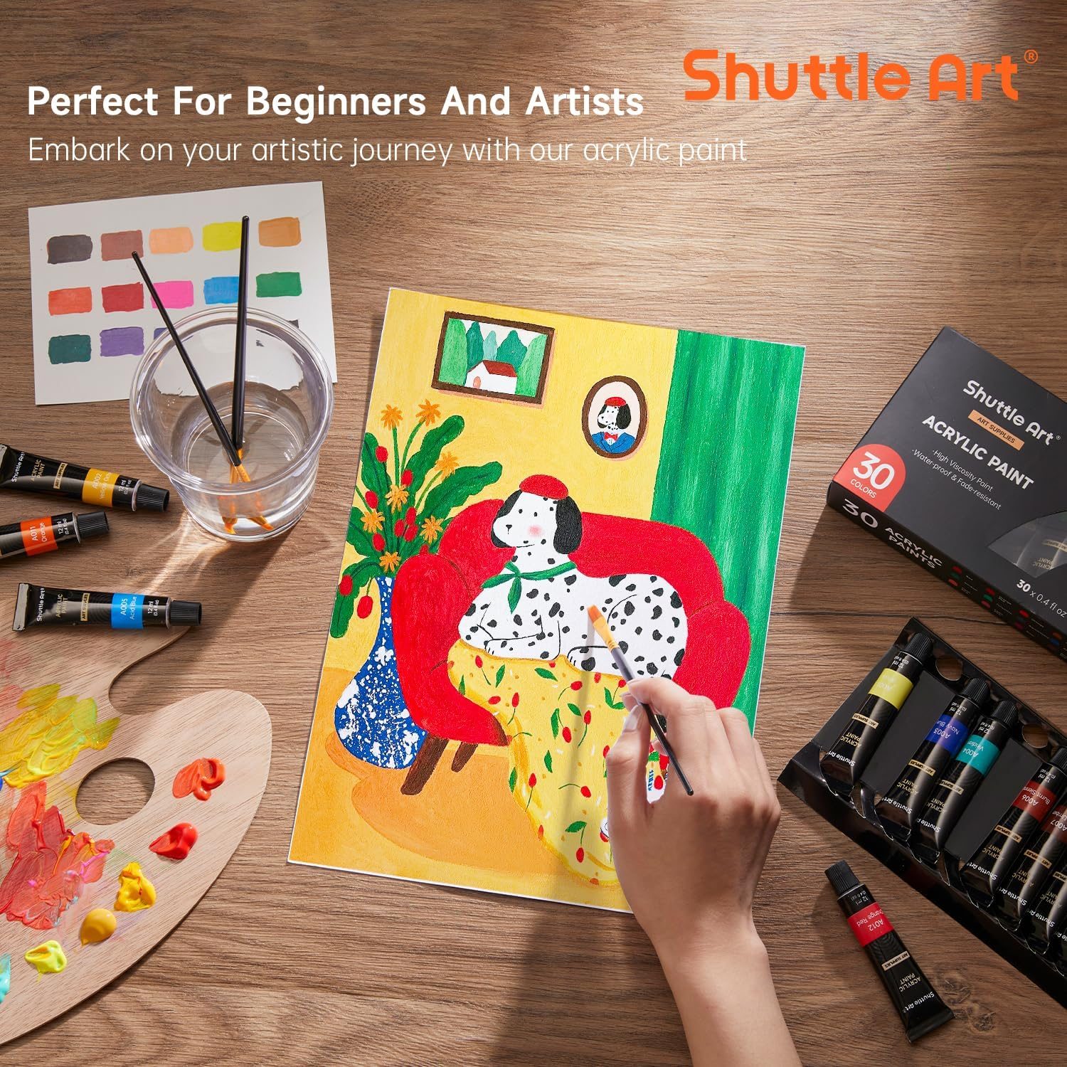 Shuttle Art Acrylic Paint Set, 30 X12Ml Tubes Artist Quality Non Toxic Colours Acrylic Paint, Great for Kids Adults Professional Painting on Canvas Wood Clay Fabric Ceramic Crafts image number 1