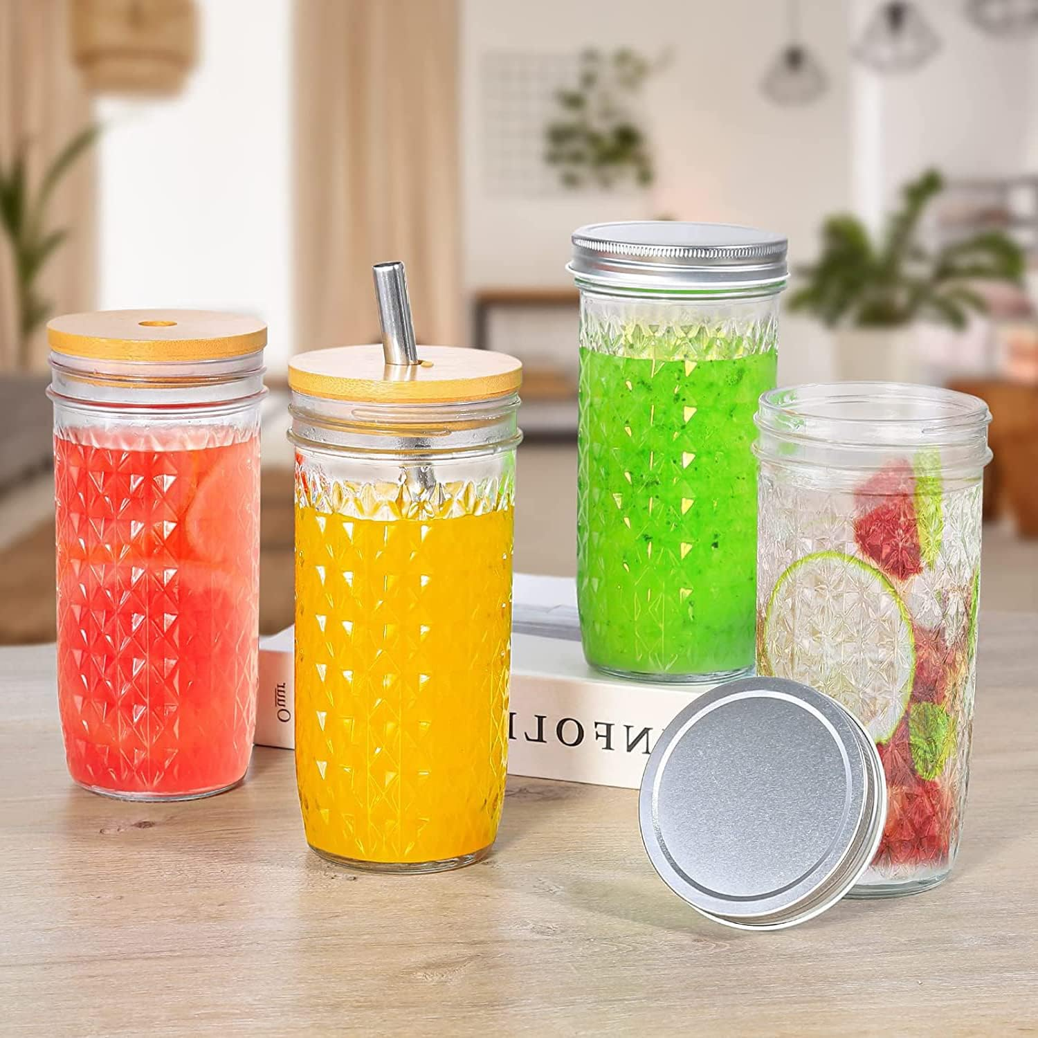 Boba Cup, Reusable Bubble Tea Cup, Glass Cups Set, 2 PCS Mason Jar Cups with Bamboo Lids and Straws & 2 Airtight Lids, 24 Oz Diamond Texture Wide Mouth Iced Coffee Glass Tumblers, Smoothie Cups image number 1