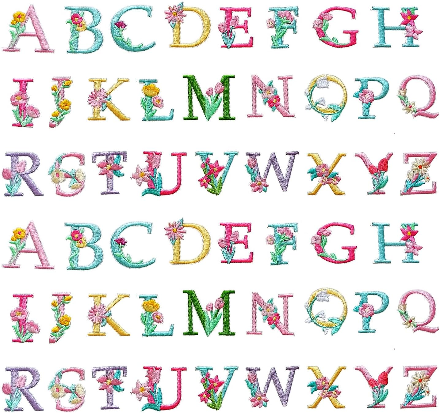 Iron on Letter Patches, 2 Sets (52 Pieces) A-Z Flower Embroidery Alphabet Patches for Clothing Backpacks Hats Shirts