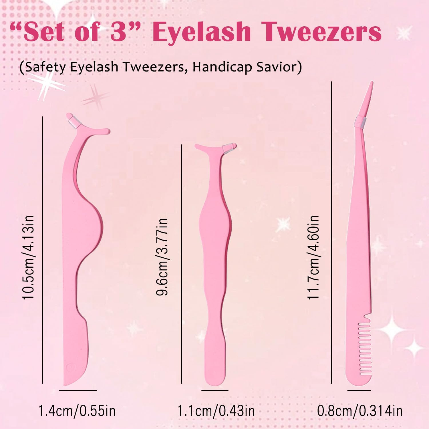 TORMEN Eyelash Tweezers Set 3 Pcs Stainless Steel Lash Applicator Tool Kit for Women False Curved Straight and Comb Tweezers for Eyebrow Trimming Makeup Beauty Care (Pink)