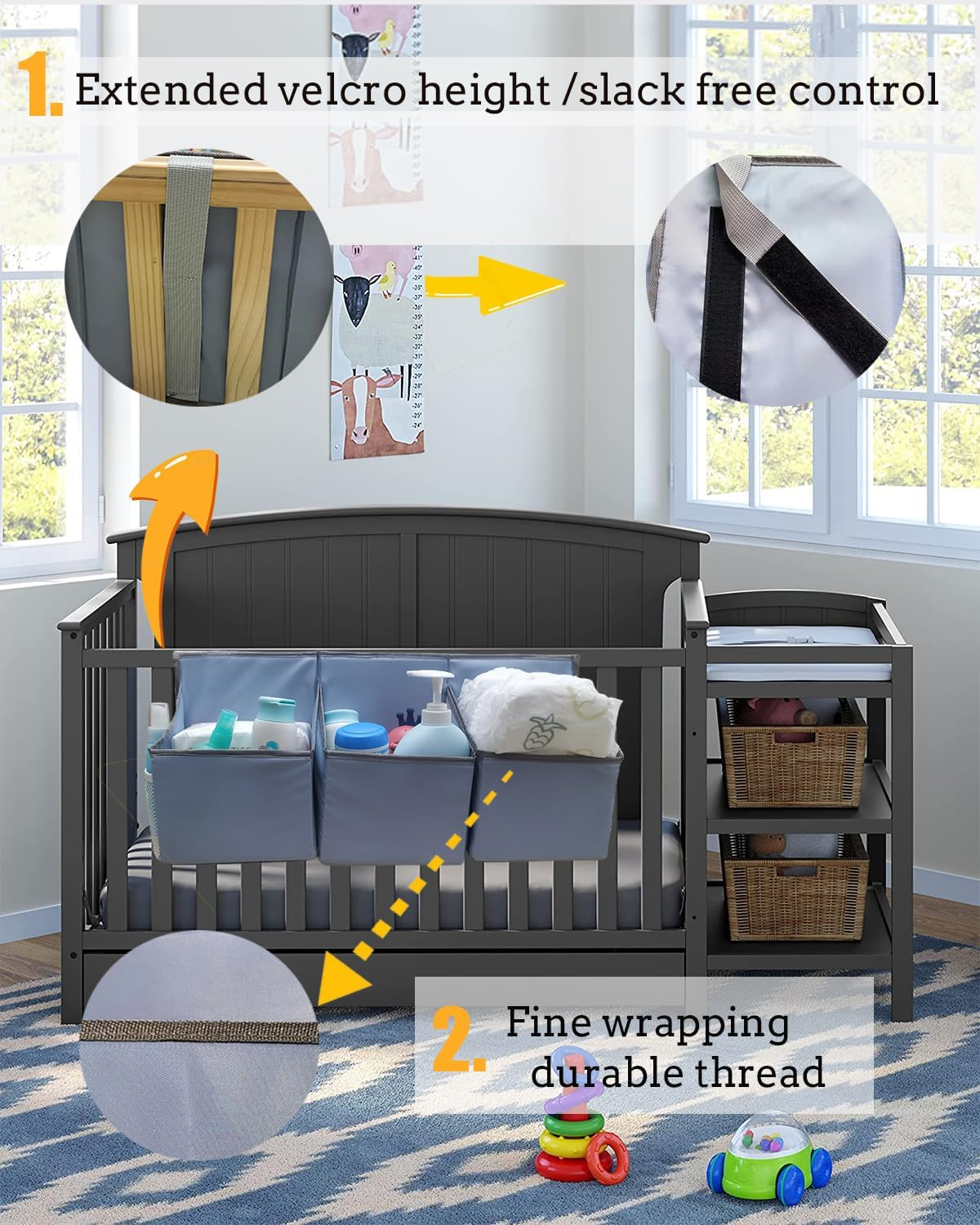 Hanging Diaper Caddy Organizer Sturdy with Hoop and Durable Baby Organizer &ndash;Diaper Stacker for Changing Table, Crib, Playard or Wall-Grey image number 4