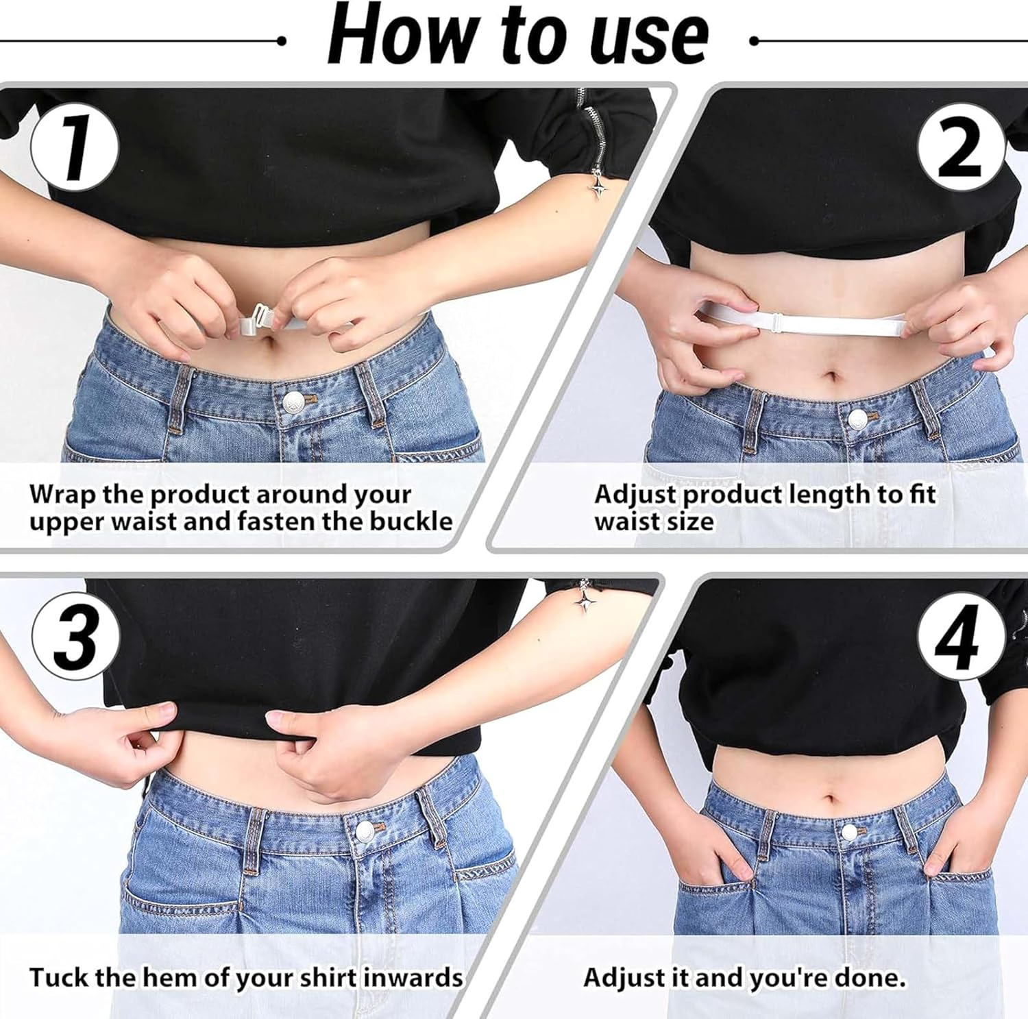 Crop Top Tucking Band Set, 4-Pack, Adjustable Elastic Shirt Retaining Straps image number 6