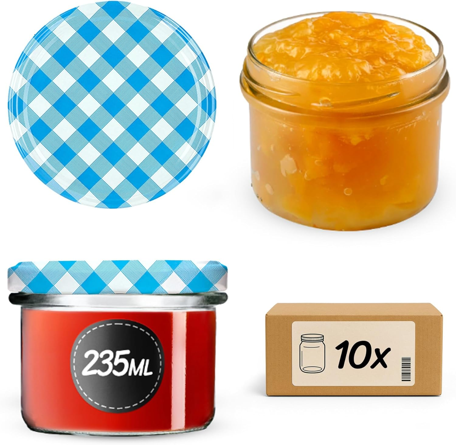 KADAX Glass Jars 235 Ml, Small Preserving Jars with Metal Lids for Homemade Jam, Marmalade and Honey, Jars for Storing Spices and Herbs (Fruits, Set of 10)