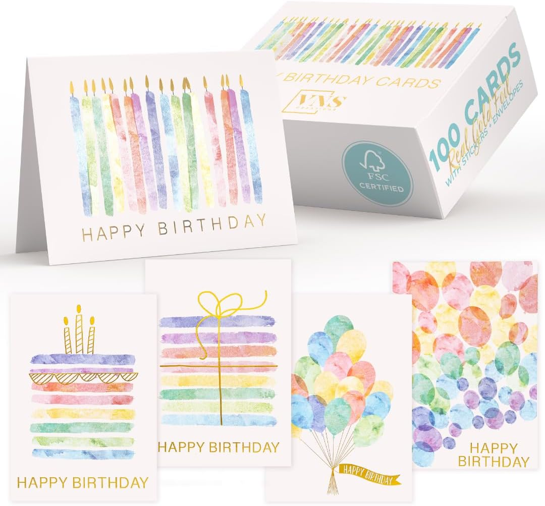 VNS Creations 100 Happy Birthday Cards, Assorted Watercolor & Gold Foil Blank Birthday Notes Pack, Bulk Boxed Assortment Set of Greeting Note Cards W/Envelopes & Stickers image number 5