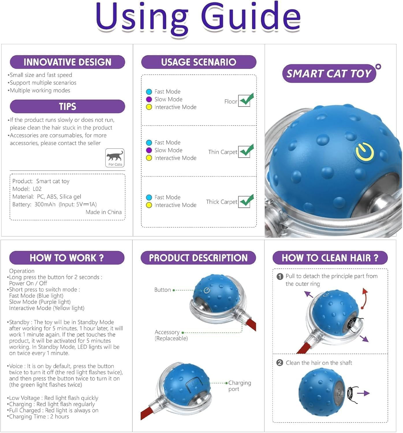 Interactive Cat Toy Ball - for Indoor Cats, Automatic Fast Rolling Cats Toys to Keep Them Busy, Self-Rolling Chirping Toy with 3 Modes, Motion Activated for High Energy Pets (Blue) image number 2