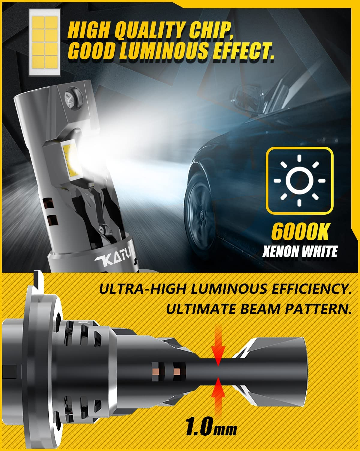 KATUR H7 LED Headlight Bulbs, 400% Brightness 16000LM 6000K Xenon White 1:1 Mini Size All-In-One Conversion Kit Non-Polarity No Adapter Required Plug and Play H7 LED Fog Light Bulb, Pack of 2 image number 2