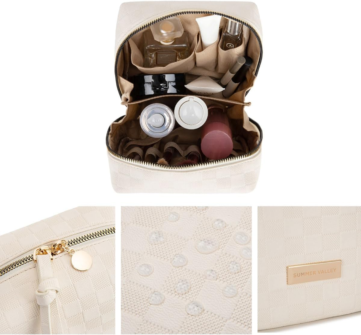 DDPOND Elegant Portable Plaid Cosmetic Bag for Women with Compartments Large Capacity Travel Makeup Bag for Purse (Pink) image number 1