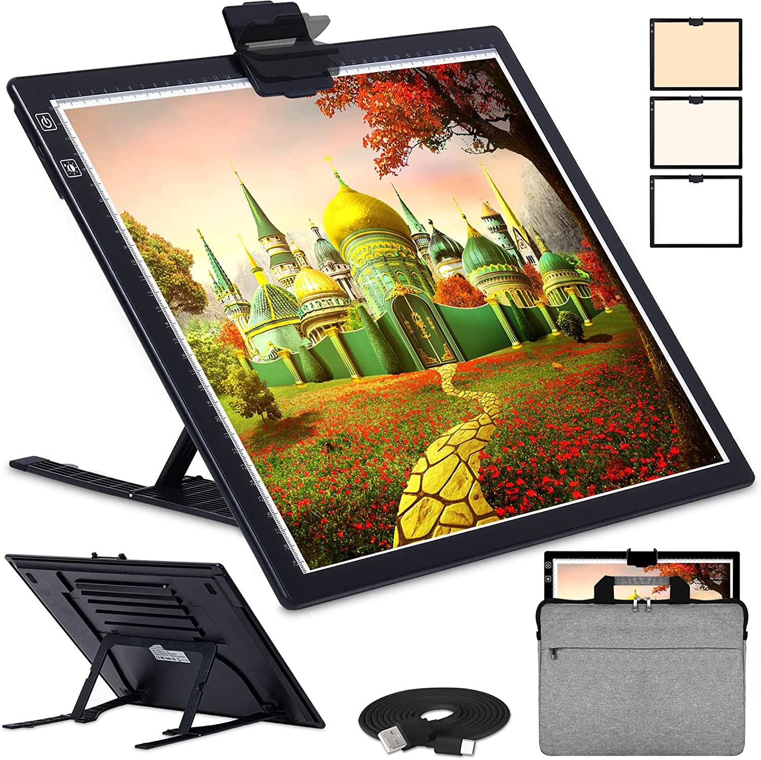 ASRAS A3 Led Light Pad with Carry Bag , 2500Mha Battery Powered , 3 Colors Stepless Dimmable 6 Levels of Brightness Light Box Tracing Light Box for Diamond Painting ,Built-In Stand, Magnet Clip