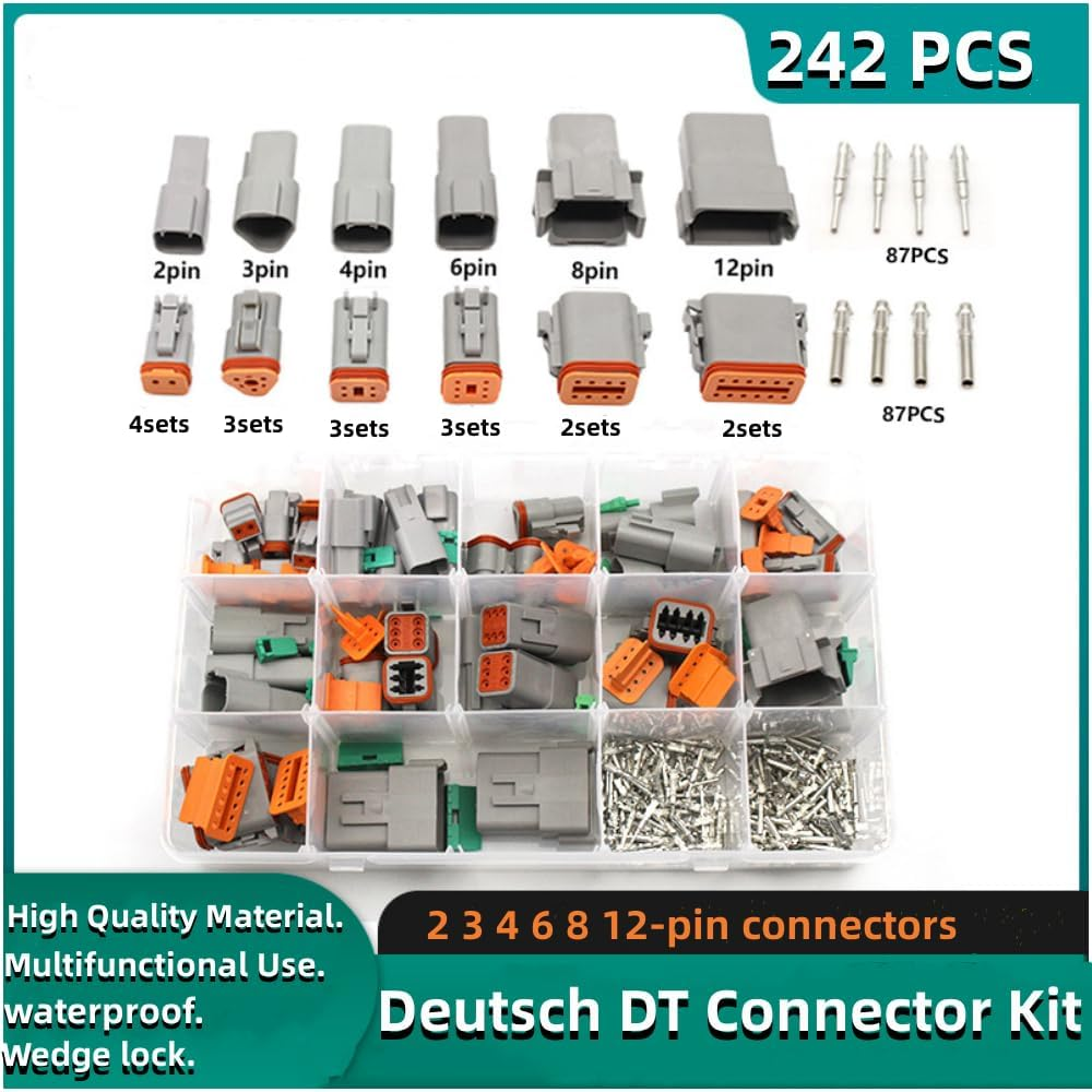 MTJNYZA 242Pcs Deutsch DT Male/Female Electrical Car ​Connector Plug Kit (2,3,4,6,8,12-Way/Pin) Car Waterproof Male Connector & Wiring Harness Male and Female Pair Plug-In Combination Box. image number 1