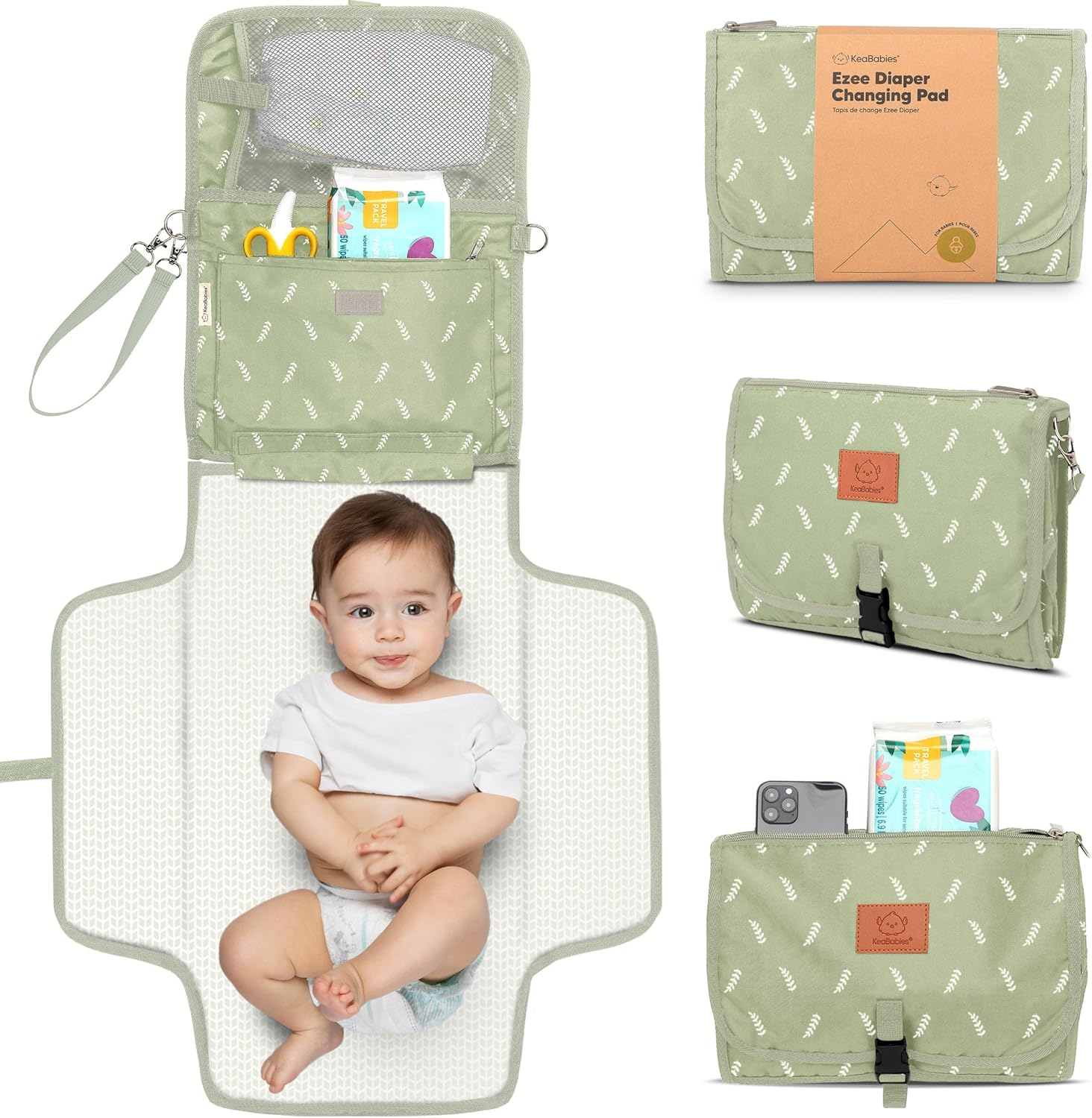 Keababies Portable Diaper Changing Pad - Large Waterproof Baby Changing Mat, Compact Travel Diaper Clutch, Functional Pockets Fit Newborn Essentials, Wipeable & Padded Baby Changer (Acacia)