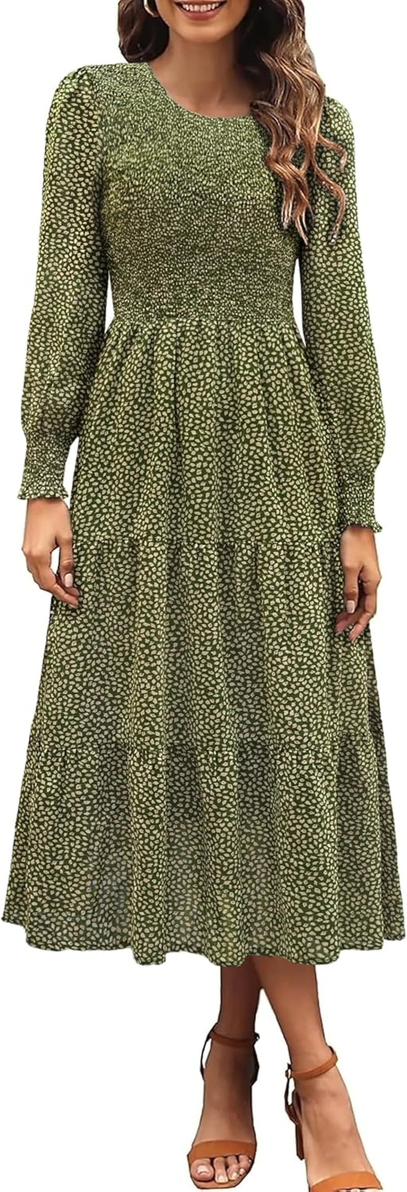 Zattcas Womens Fall Dresses 2024 Casual Long Sleeve Smocked Boho Floral Tiered Midi Wedding Guest Dress with Pockets