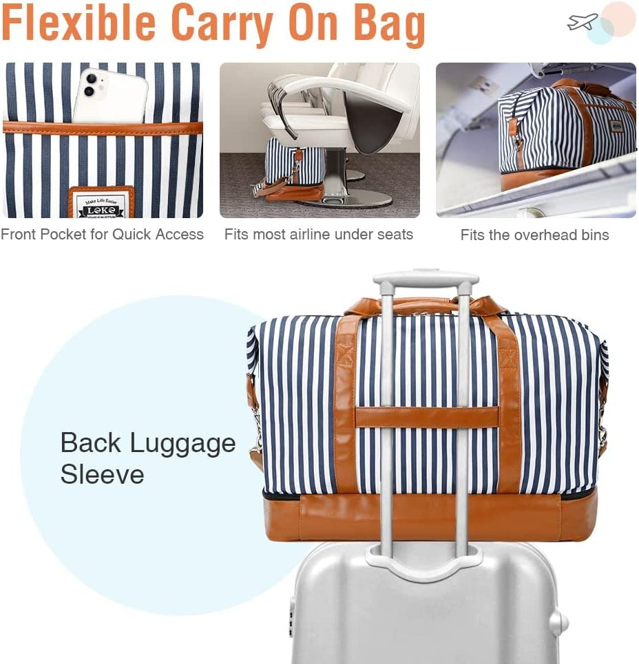 Lekesky Overnight Bag for Women Weekend Bag with Shoes Bags Toiletry Bag Shoes Compartment Weekender Bag Trave Duffle Bag, A-Blue Striped, 50L, Travel Bag image number 4