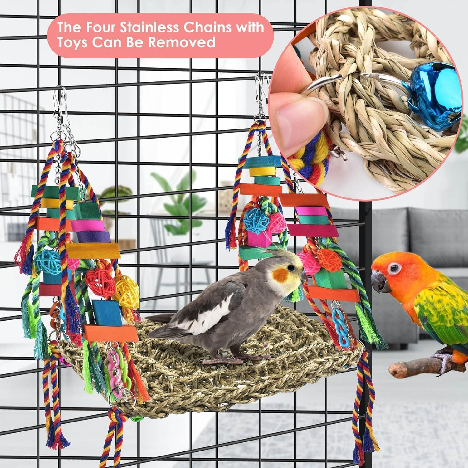 Bird Toys, Bird Foraging Wall Toy Large Size Seagrass Woven Climbing Hammock Swing Mat with Colorful Chewing Toys for Lovebird, Parakeet, Budgie, Conure, Cockatiel, Small Birds image number 5