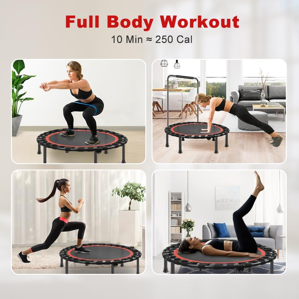 VOLKWELL 40Inch/50Inch Foldable Mini Trampoline, 150KG Heavy Duty Fitness Rebounder with Adjustable Handle & Non-Slip Mute Legs, Indoor/Outdoor Exercise Equipment for Adults image number 2