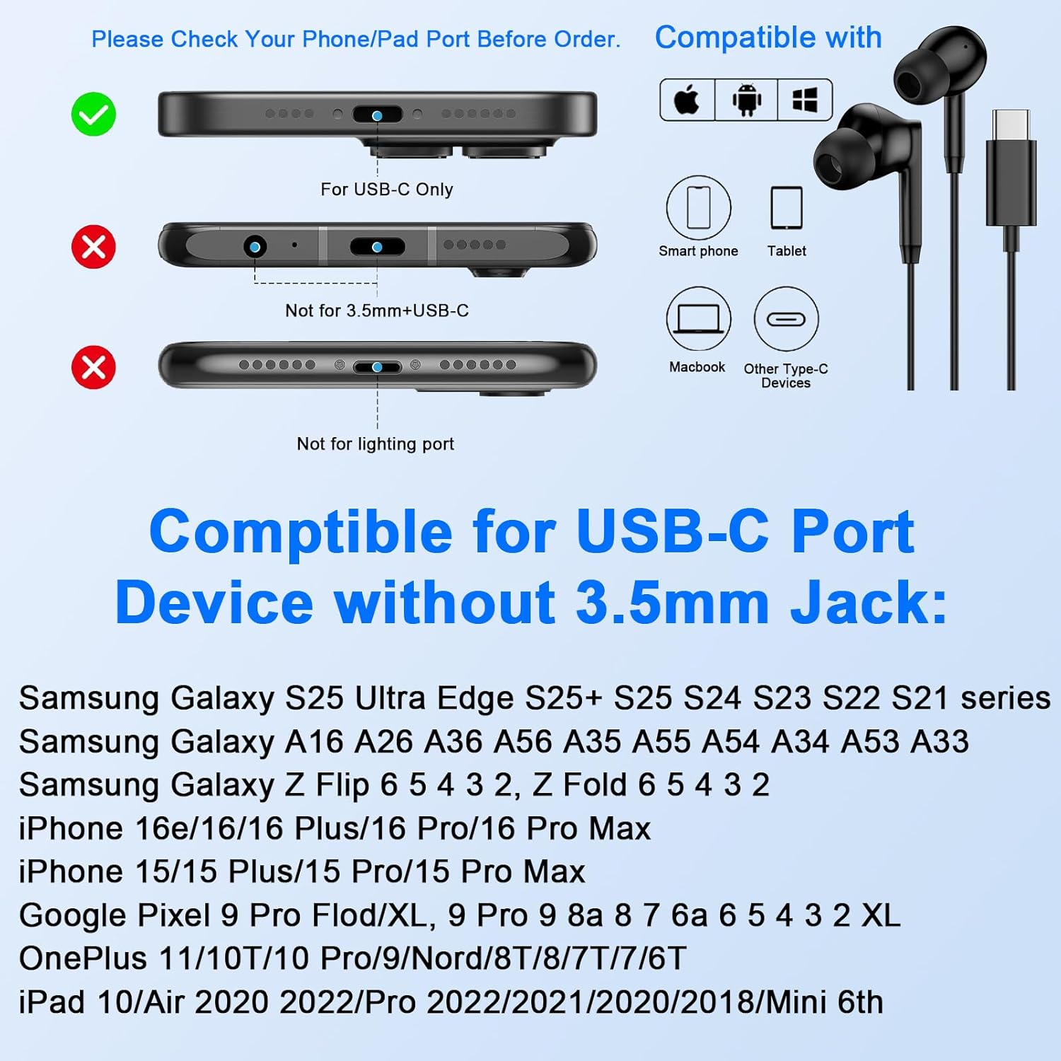 USB C Samsung Earbuds Wired Ear Buds for Samsung Galaxy A16 A36 5G A26 S25 Edge A56 S25 Ultra plus S24 FE A35 Z Fold 6 USBC In-Ear Headphones Wired Type C Earbud Earphones Headsets with Microphone