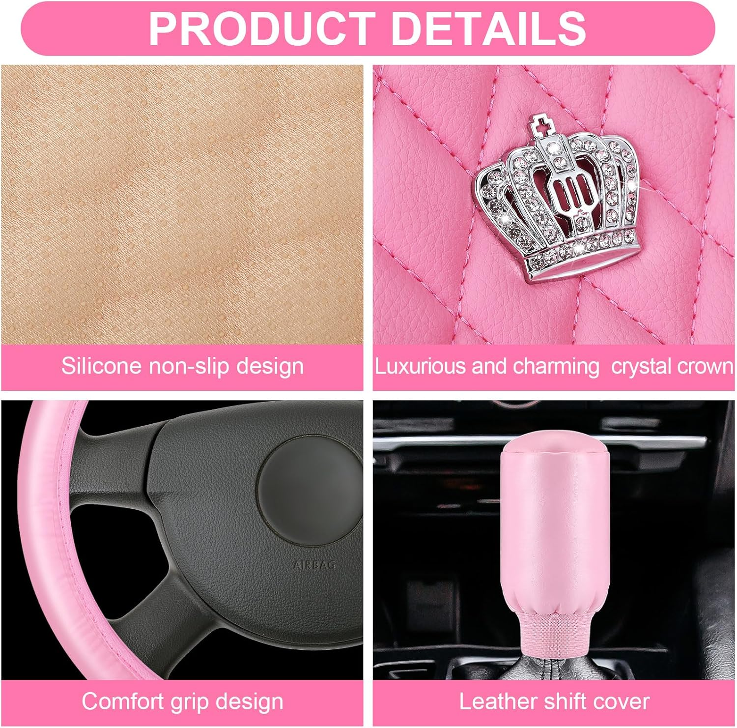 Nuenen 15 Pcs Pink Car Accessories Set Leather Car Seat Covers Full Set Car Accessories Steering Wheel Covers Seat Belt Covers Center Console Pad Bling Rear View Mirror Hanging Accessory(Pink) image number 1