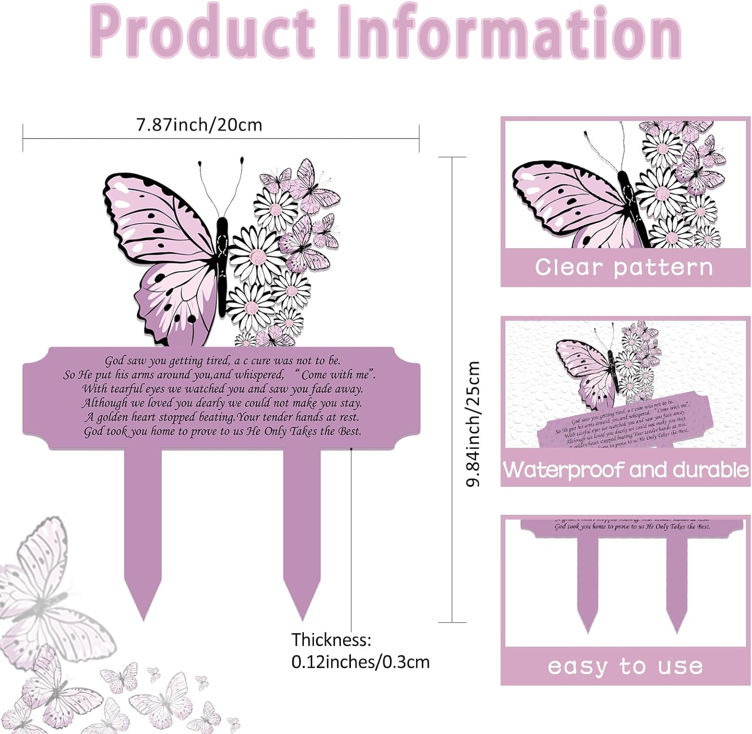 Butterfly Grave Decorations for Cemetery, Waterproof Garden Stake, 10X8 Inches Grave Site Decorations for Cemetery (Purple) image number 5
