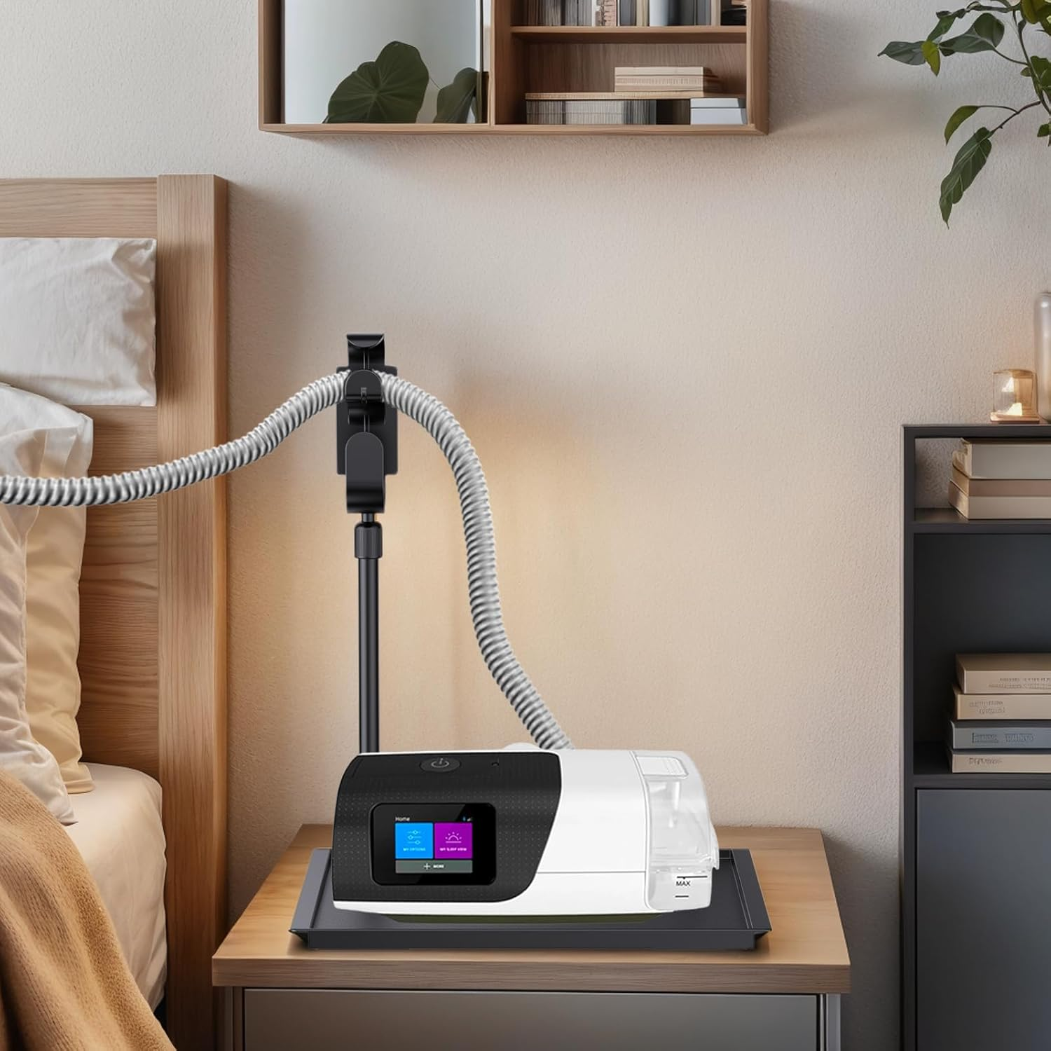 CPAP Protector Mat & CPAP Hose Holder - Bedside Organizer with Retractable CPAP Hook for CPAP Mask & Tubing, Keeps CPAP Supplies Neat and Tidy, Enhances Sleep Quality (Black)