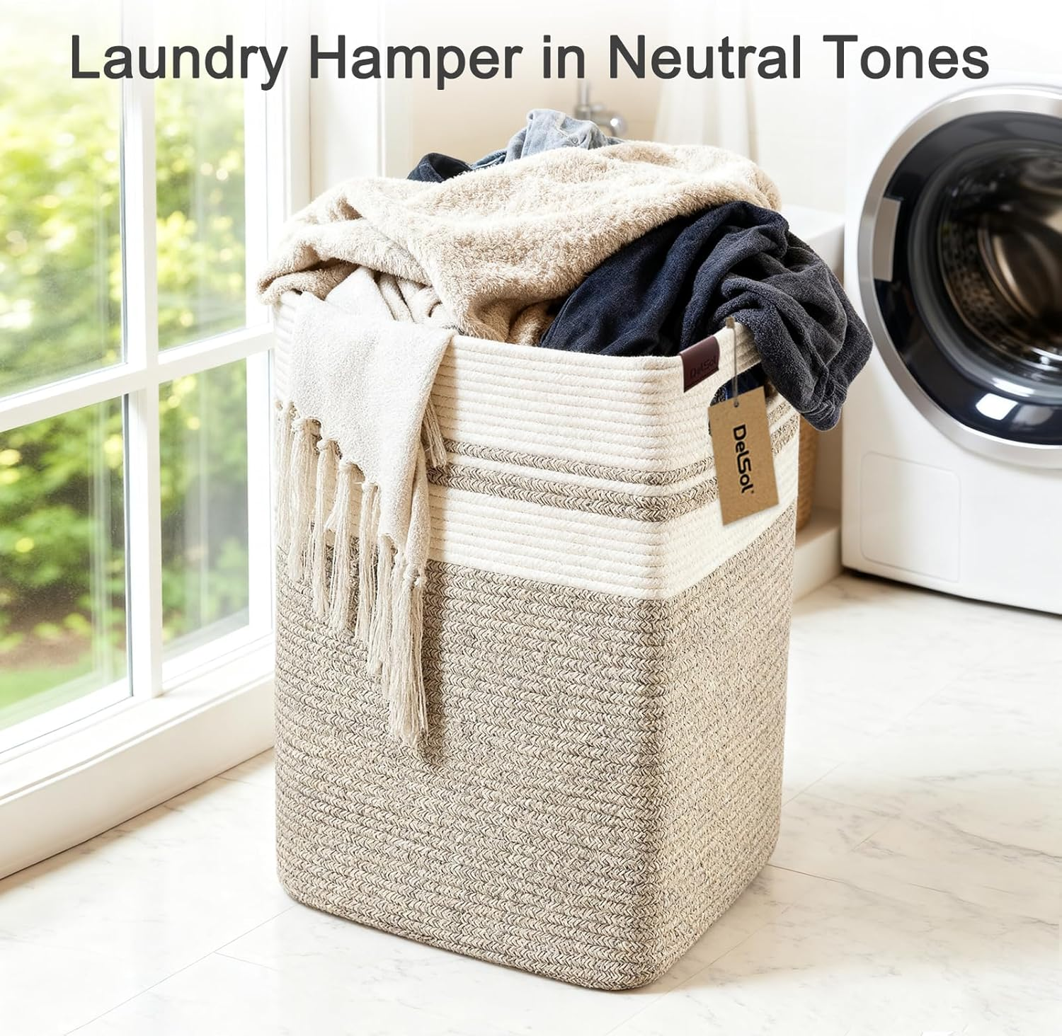 Delsol Large Laundry Basket 41X33X56Cm Tall Blanket Sorage Basket with Handles, Wicker Cotton Rope Woven Basket for Living Room Laundry Baby Nursery Pillows Clothes Towel Toy Organizer Home Decor image number 2