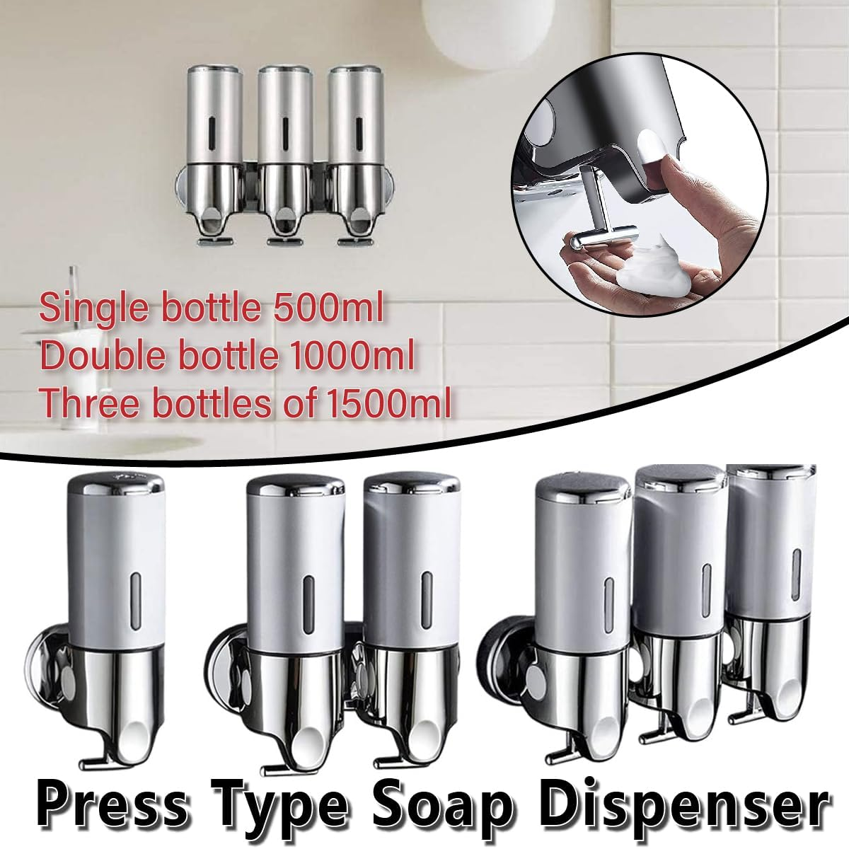 AIMALL Stainless Steel Wall-Mounted Soap Dispenser, Manual Push Lever, 500Ml/1000Ml/1500Ml for Shower Gel, Shampoo, and Hand Sanitiser in Bathroom or Hotel Use