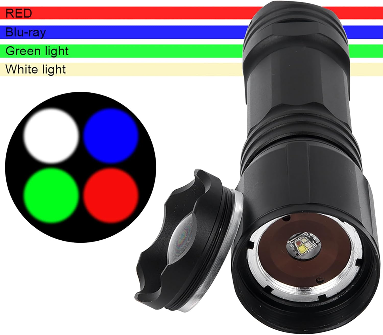 Tunghey 4 in 1 Multicolor Red Green Blue White Flashlight, Single Mode LED Light for Outdoor Activities (Batteries Not Included) image number 6
