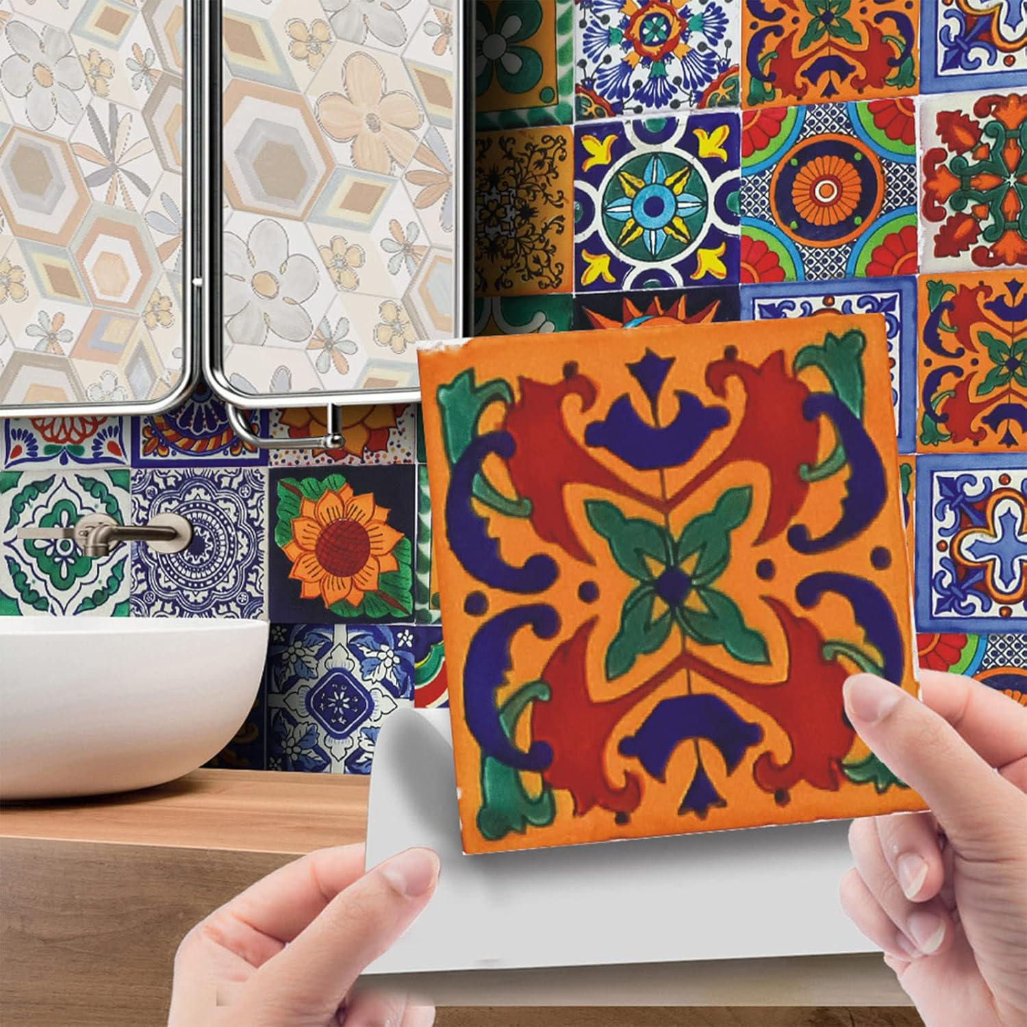 Tile Stickers, Decorative Retro Mosaic Self Adhesive Peel and Stick Tile Sticker, 24PCS Removable Wall Tiles Sticker for Bathroom Kitchen (15 X 15Cm) image number 5