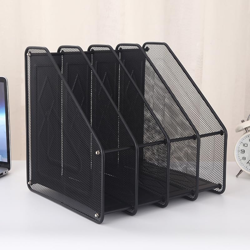 Mesh Desktop File Folder Organiser, 4-Compartment Desk Organiser for Document Folders, Vertical Filing Cabinet for Letter Mail Folder, Black Book Magazine Holder