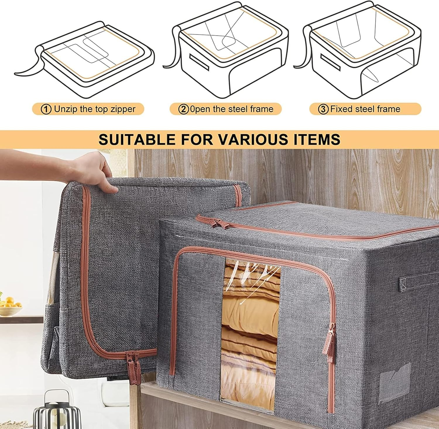 2 Pack Clothes Storage Box with Zipper, 66L Foldable Linen Container with Handles Large Capacity Storage Organizer (Grey 66L)