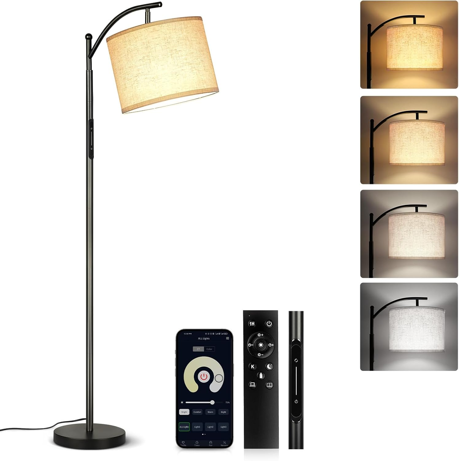 GOOGO Floor Lamp Living Room with Adjustable Angle Linen Lampshade, 3 Colour Temperatures, Floor Lamp Dimmable with Touch Control, App and Remote Control, 1-Hour Timer, for Home Office, Bedroom