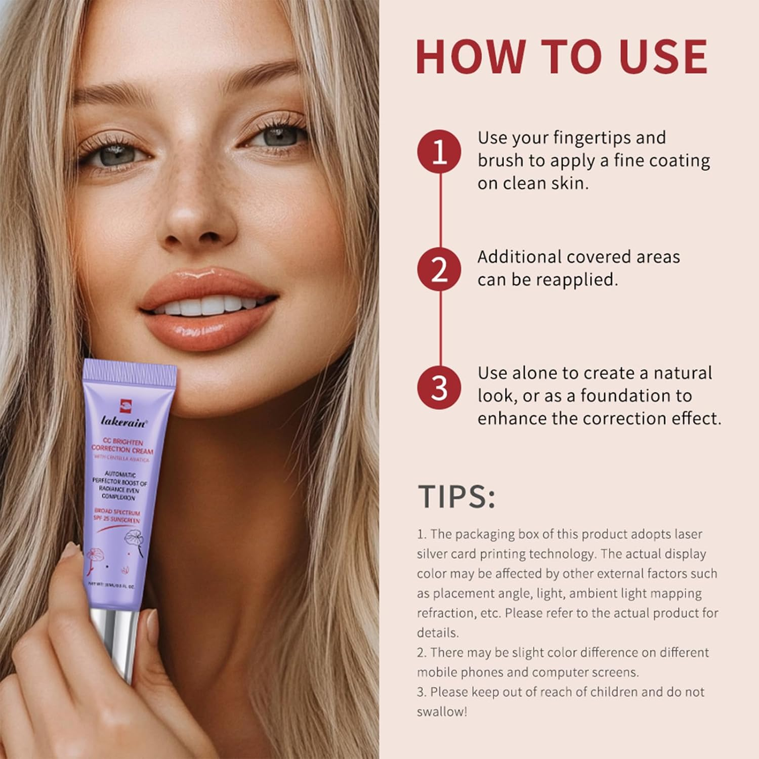 CC Brighten Correction Cream with Centella SPF 25 for Women - 0.5 Oz/15Ml - Lightweight Hydration - Soothe & Moisturize - Adjust Skin Tone (Purple)