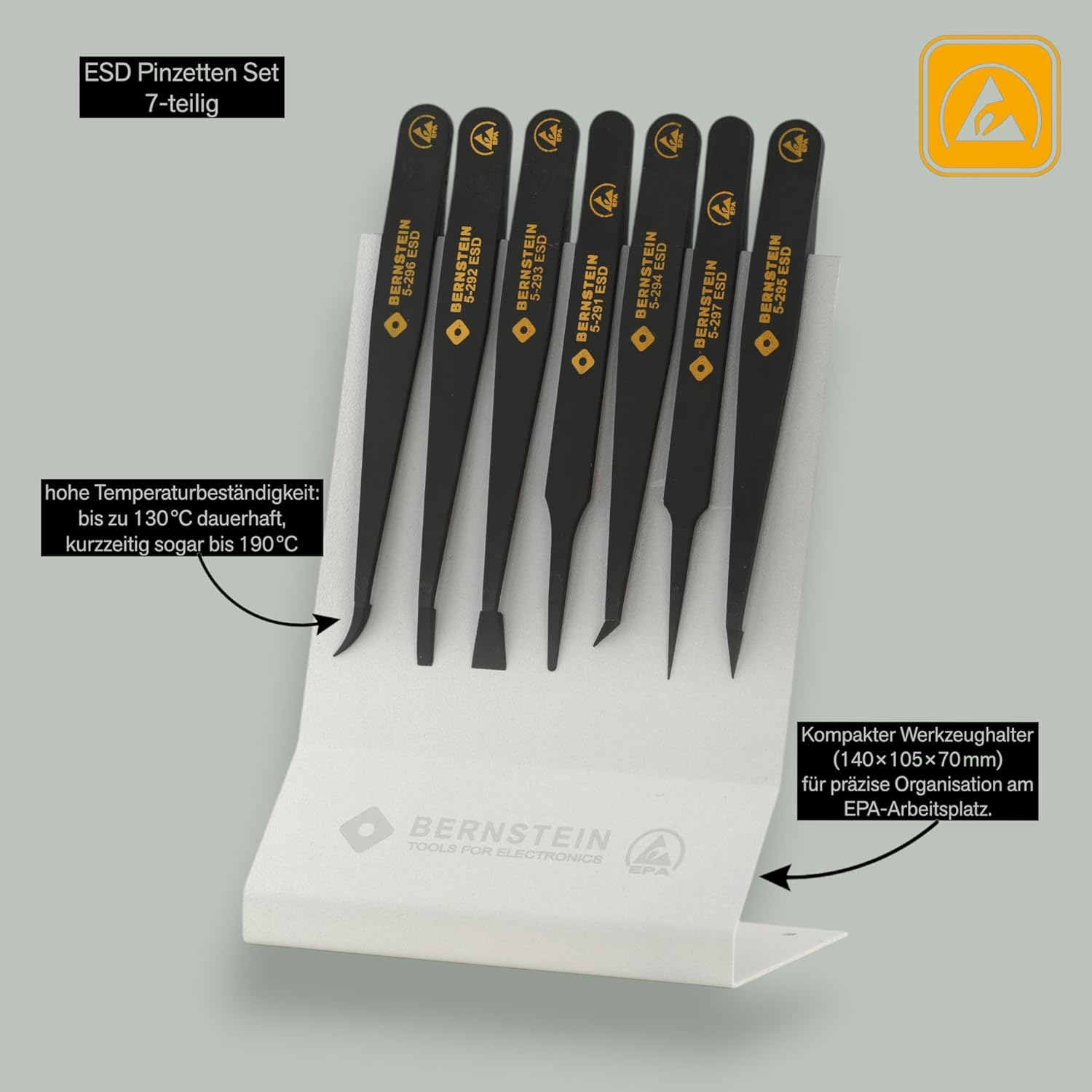 BERNSTEIN ESD Tweezers Set of 7 Made of Antistatic Plastic with Holder - Ideal for Electronics, Precision Mechanics & Laboratory image number 1