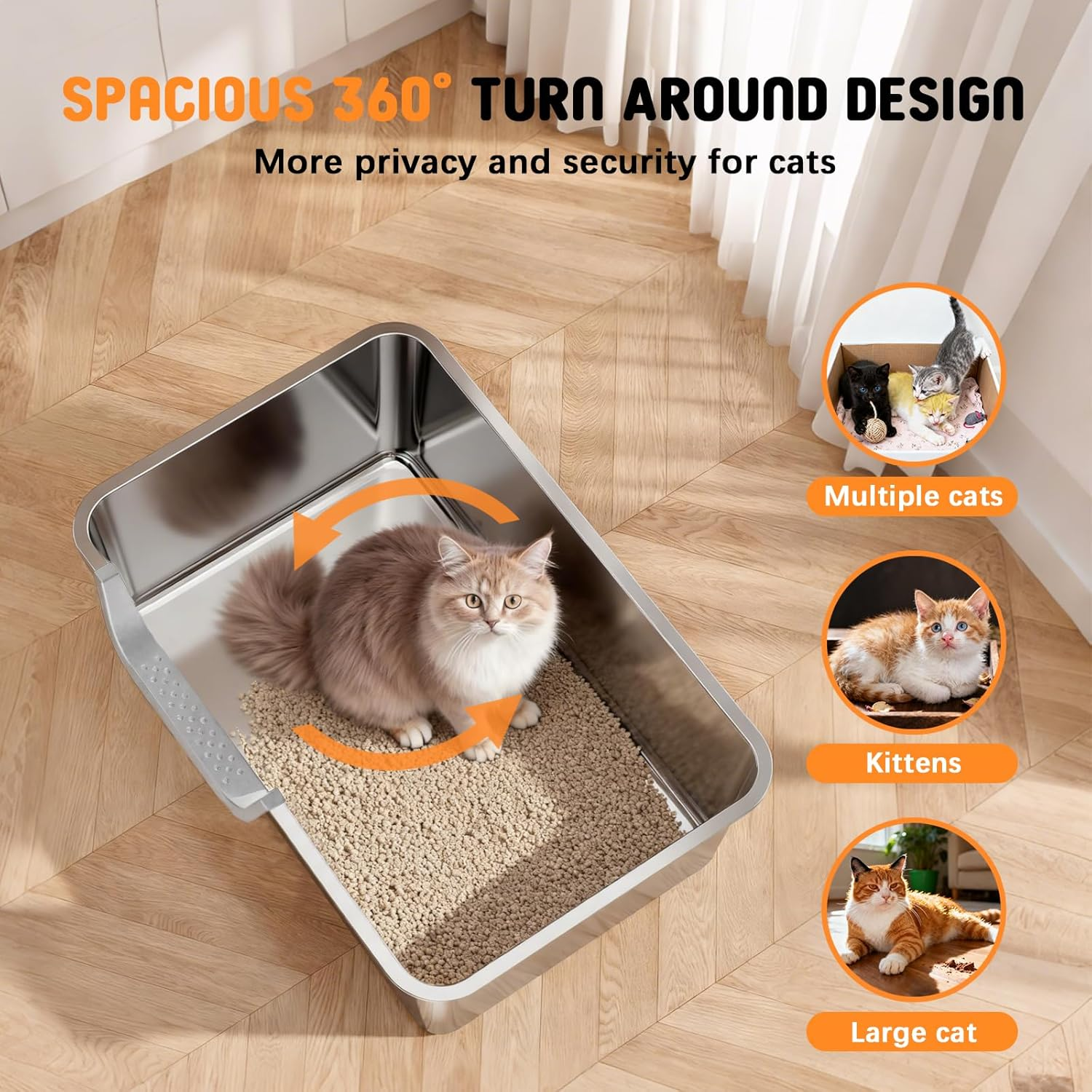 Towntime Stainless Steel Litter Box with High Sides,23.60" L X 15.7" W X 7.8" H,Extra Large Jumbo Cat Litter Box,Xl Kitty Metal Liter Box for Indoor Big Cats,Non-Sticky,Anti-Leakage(Left Entry)