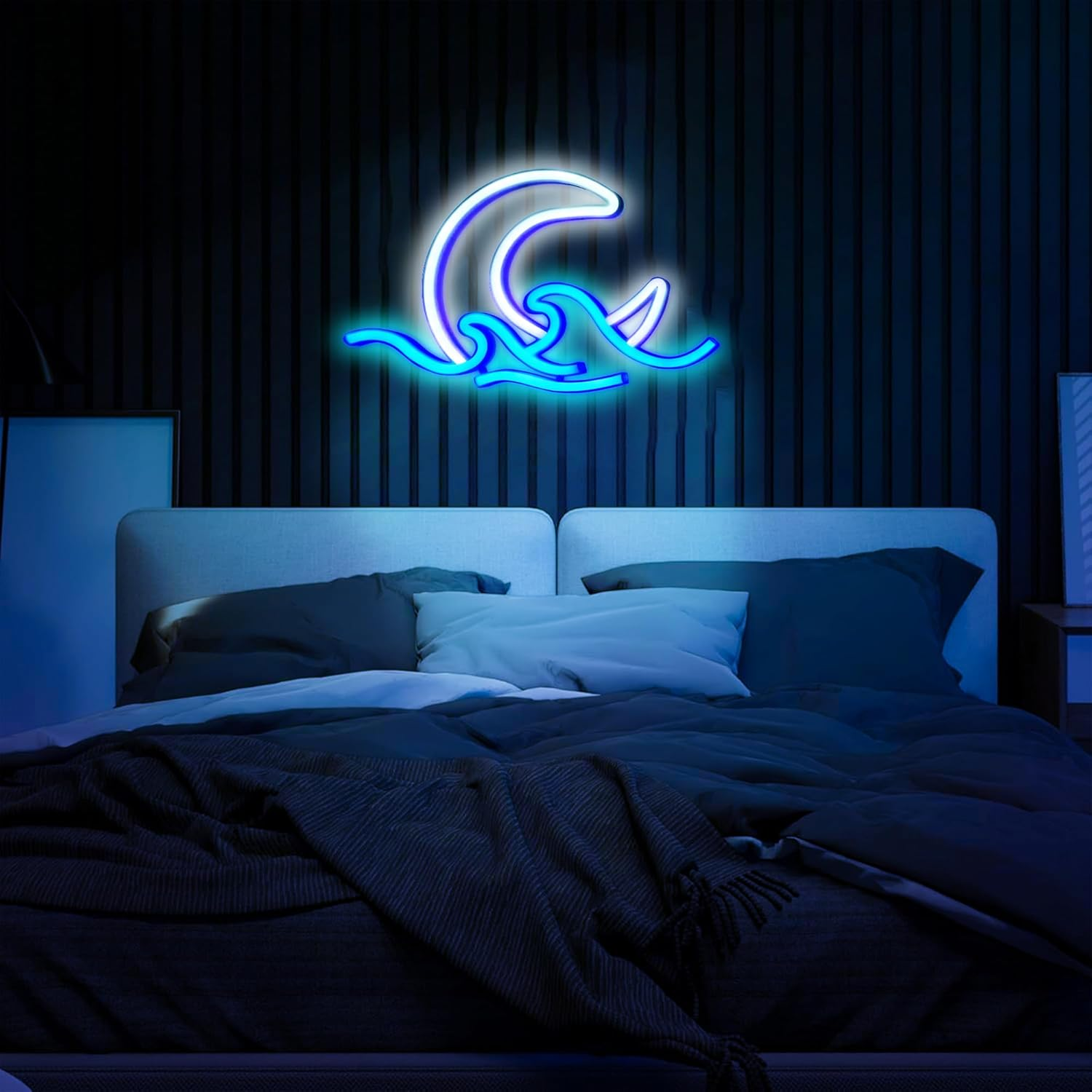 WIOSOUL Sunrise Sunset Neon Sign Moon over Sea Neon Light 11.6X7.1 Inch Twilight Wave LED Wall Signs for Room Decor Acrylic Neon Light Sign for Bedroom,Party, Living Room,Home Decor (Moon Waves) - Blue Finger image number 4