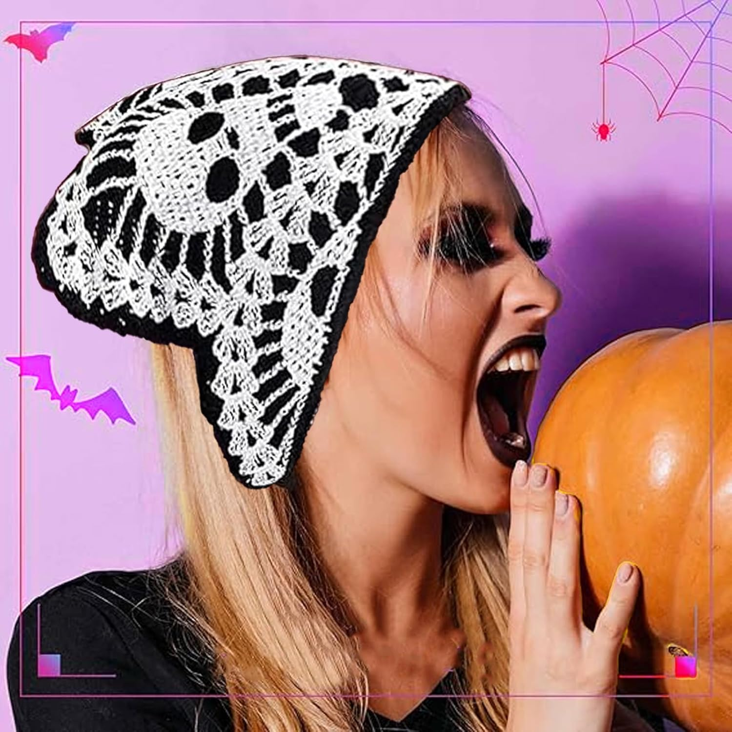 Black Skull Headbands &ndash; 2PCS Crochet Gothic Bandanas with Spider Accents Christmas Hair Accessories for Women Witchy Boho Head Scarf & Festival Hair Band