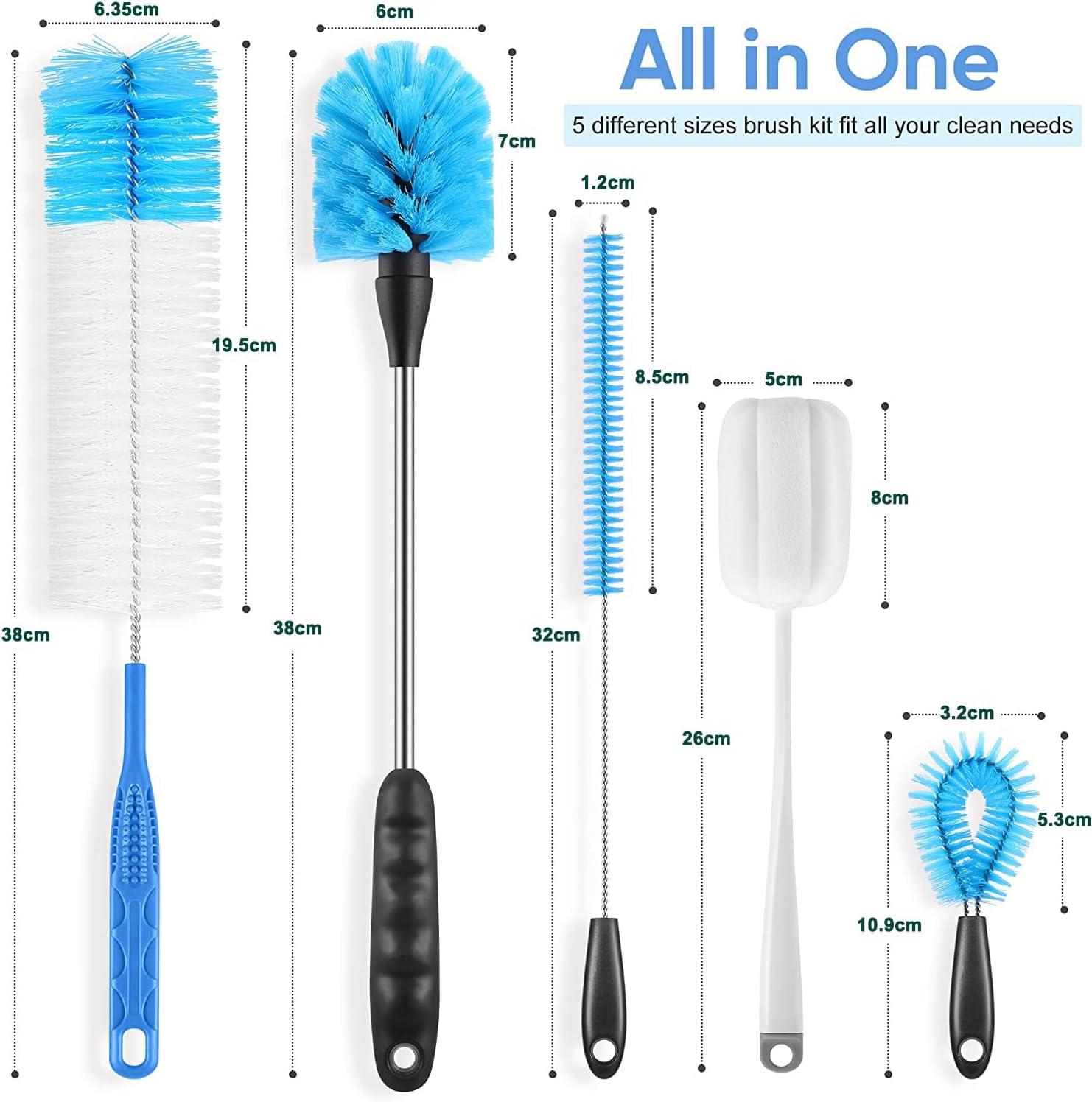 Bottle Brush Cleaning Set, Long Handle Bottle Cleaner for Washing Narrow Neck Beer Bottles, Wine Decanter, Narrow Cup, Pipes, Hydro Flask Tumbler, Sinks, Cup Cover Pack of 5 image number 6