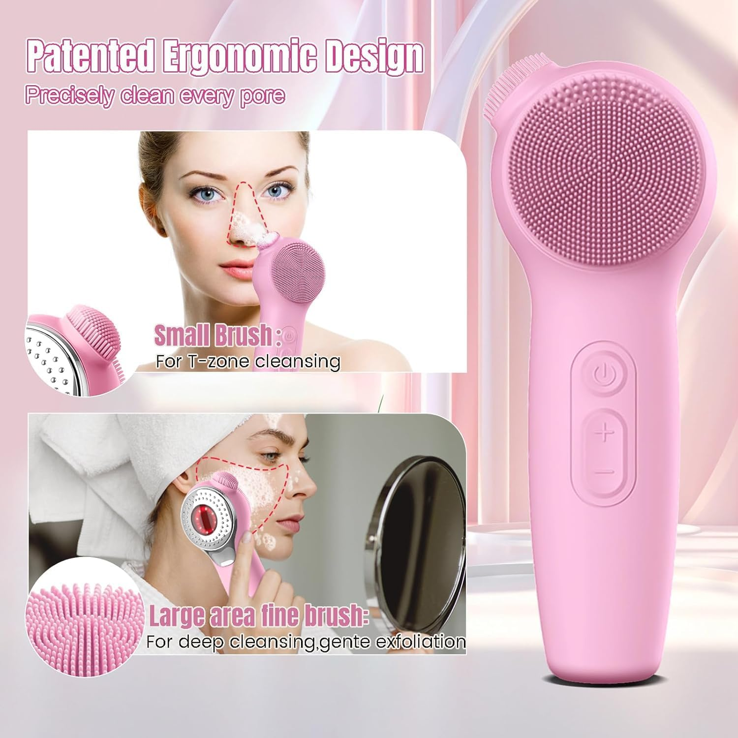 Facial Cleansing Brush Face Scrubber, Red Light / Blue Light Electric Face Scrubber with Nose Scrubber for Women/Men, Silicone Face Scrubber Exfoliator Thermal Massage, Waterproof Sonic Facial Cleansing Brush (Pink) - Pink image number 3