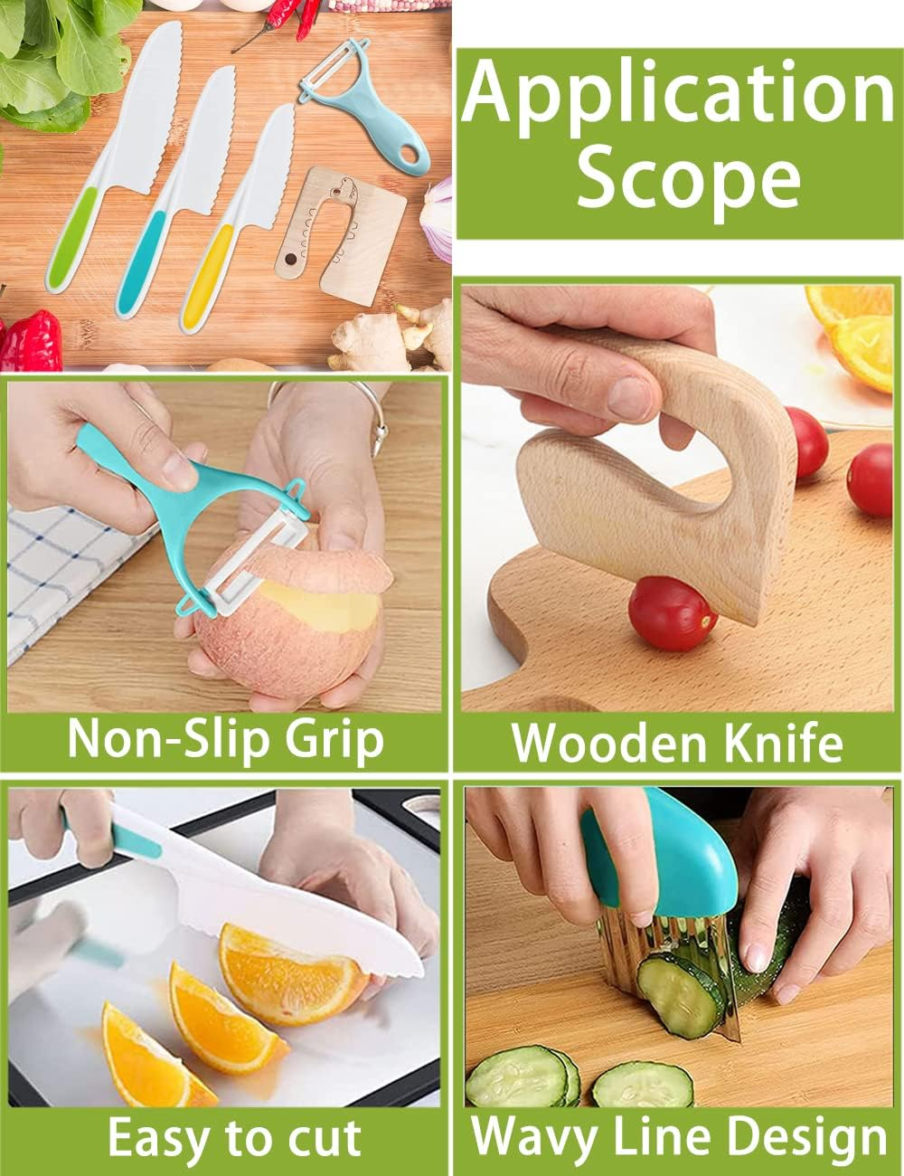 8PCS Kids Knife Set, Plastic Kids Knife Safe for Cutting Veggies Fruits,Kids Kitchen Knives Set Include 4 Plastic Toddler Safe Knives/Crinkle Cutter/Kids Cutting Wooden Board/Y-Peeler/Apron (PK) image number 3