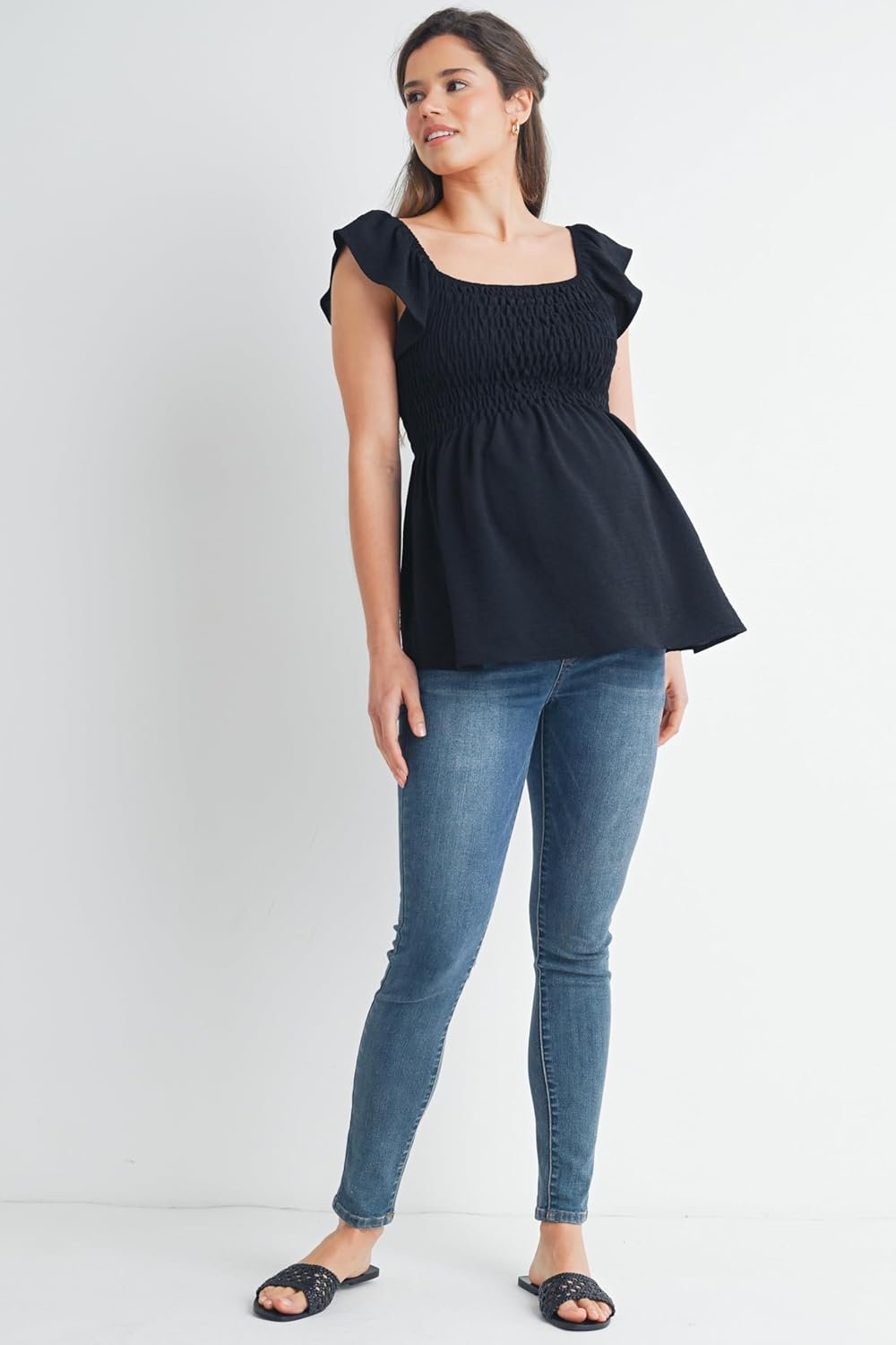 Women'S Square Neck Smocked Blouse Ruffle Cap Sleeve Maternity Top image number 5