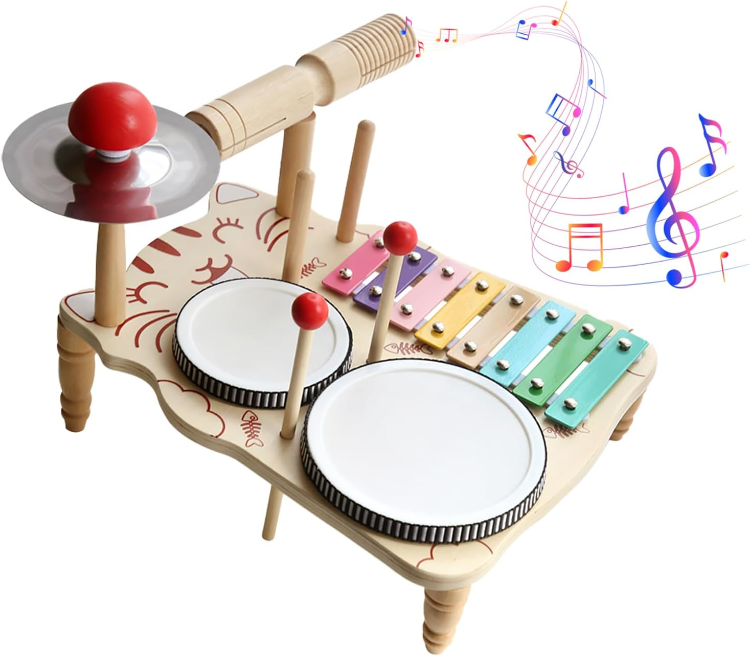 Wooden Drum Set for Toddlers, Baby Musical Instrument Set Kids Toys, Natural Wooden Montessori Toys Xylophone Music Kit Baby Sensory Toys Months Birthday Gifts for Girls Boys-Upgraded image number 2