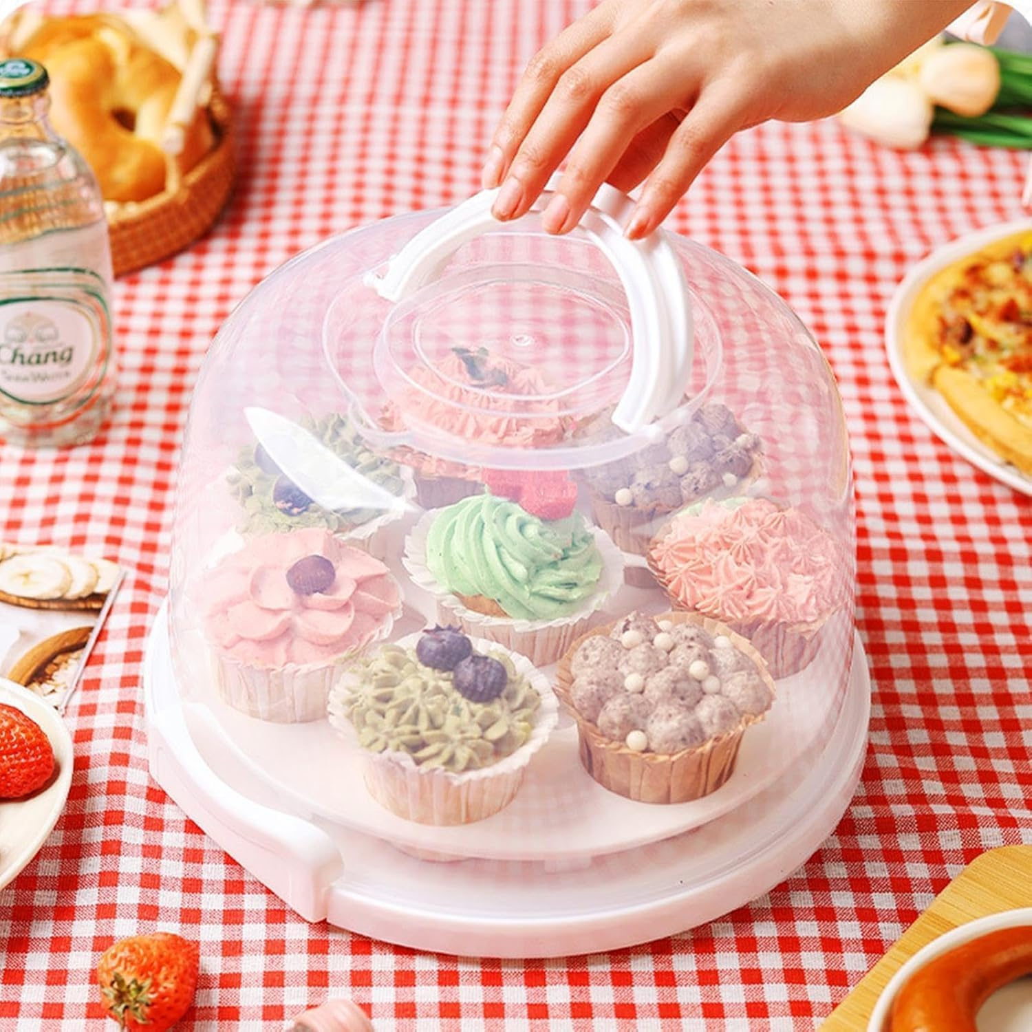 WADY Cake Carrier with Lid and Handle, Bpa-Free Cake Containers Cake Holder for Cake with 2 Handles Cupcake Carrier - Plastic Cover Two Sided Base for Transport Pies Nuts Fruit Perfect Gifts (8 Inch)