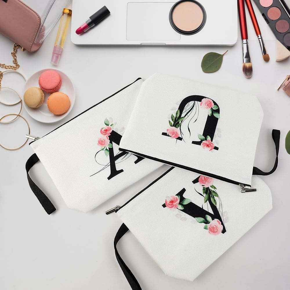 Blisswave Personalised Make up Bag, Sweet and Beautiful Pink Flowers, A-Z Initial Make up Bag, Elegant Silk Lining, Sturdy Metal Zipper, Personalized Gift for Girls and Women, M