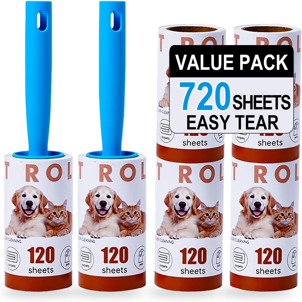 Lint Roller,Extra Sticky Roller 720 Sheets,Lint Remover for Clothes,Couch,Furniture,Carpet,Portable Cat Dog Hair Remover for Travel,Office,Car,2 Handles and 6 Refills image number 4